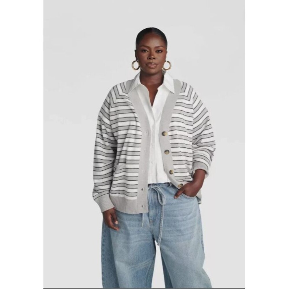 KBB by KAHLANA Women 'The Grandpa Cardi Sweater' - Gray Striped XXL NWT